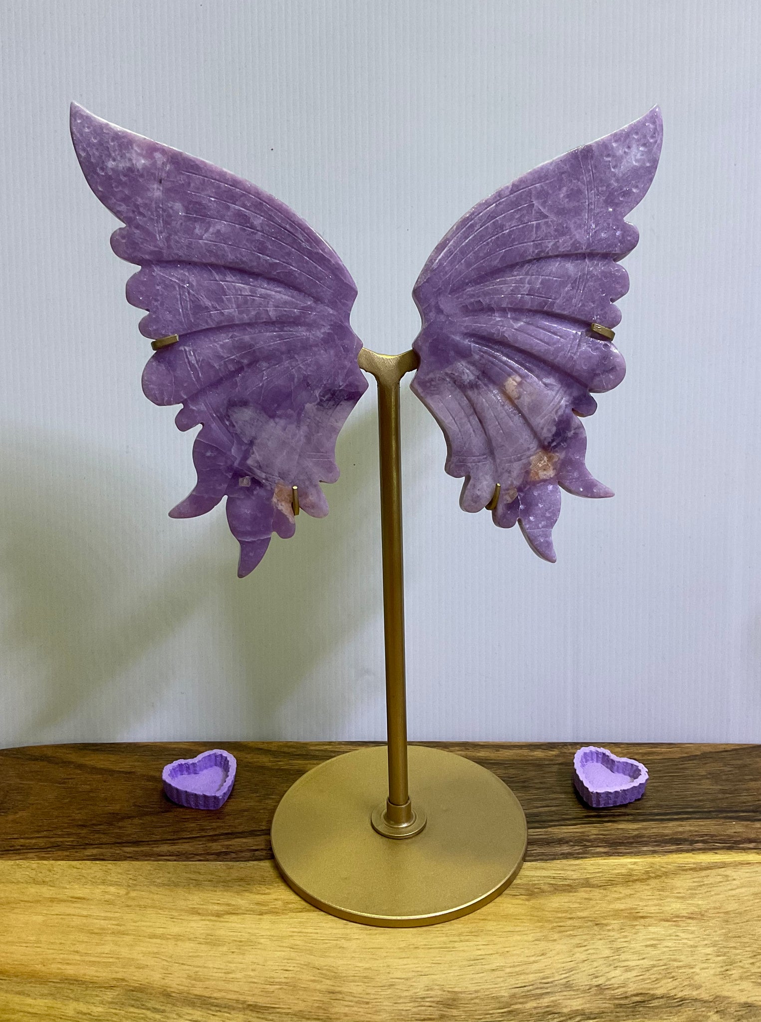 Lepidolite Butterfly Wings on display stand
